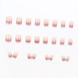 French gradient square fake nails in grey blue and nude pink with silver glitter edges