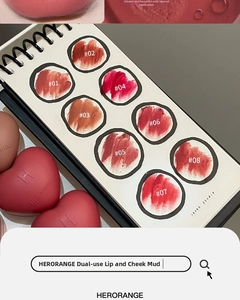 Detailed arm swatches of eight velvet matte lip mud shades in heart-shaped cases