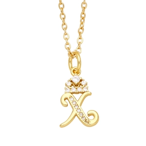 Detailed close-up of golden letter X pendant with crown and micro-set zirconia