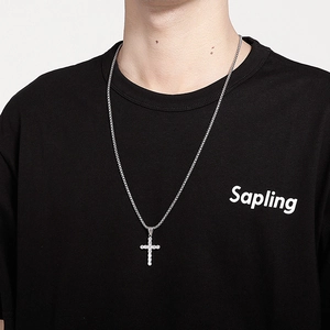 Hip hop style silver cross pendant necklace with micro-paved cubic zirconia for men