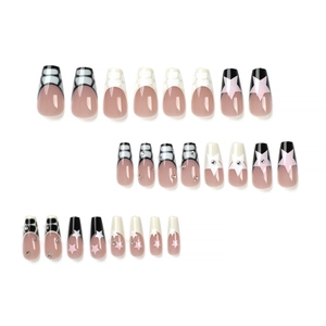 Medium coffin fake nails featuring black flame, white grid, and pink star designs