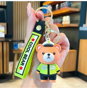 Detailed view of the police bear keychain with fluorescent green wristlet and cool bear text