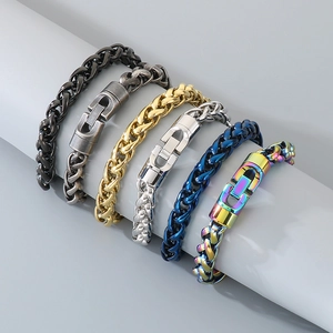 Hip hop style stainless steel curb chain bracelets in gold black and rainbow colors