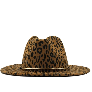 Leopard Print Fedora Hat Woolen Felt Wide Brim Western Cowboy Jazz Cap Bull Skull Turquoise Ethnic Band Men Women Vintage