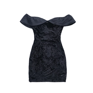 Flat lay of a black velvet off-shoulder mini dress with contrast satin neckline detail