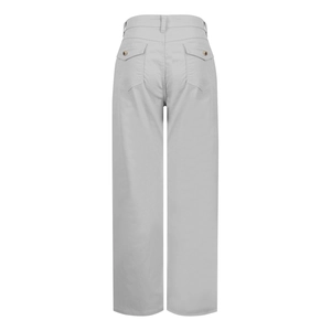 Rear view of grey wide-leg cargo jeans with detailed back pockets and metal buttons