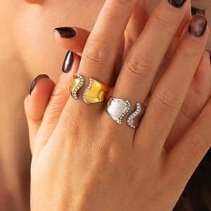 Irregular 18k gold and silver plated stainless steel open rings with zircon inlay