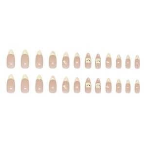 French almond press-on nails set with cute cream bear and heart patterns on 24 pieces