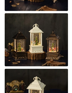 Macro view showing vintage Christmas lantern detail with snow scene and internal LED light