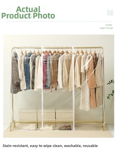 Detail of transparent garment cover with double zipper design for floor clothes rack