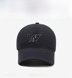 Close-up of laser-cut breathable mesh and silver embroidered logo on sport baseball cap