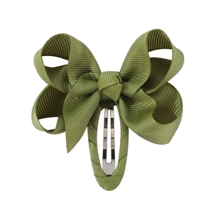 Close-up of olive green grosgrain ribbon bow hair clip with durable metal snap fastener