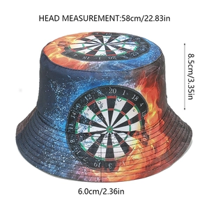 Detailed size chart of the dartboard print bucket hat with dimensions in centimeters