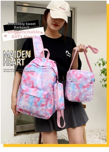 Three-piece school bag set featuring star print tie-dye galaxy pattern backpack with accessories