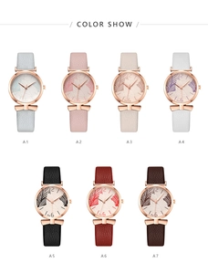 Detailed color show of seven women's leather watches with gold cases and leaf patterns
