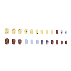 Star and plaid press-on nails set with 24 pieces in blue, yellow, and brown tones