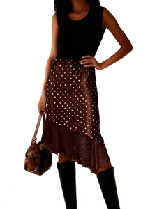 Deep brown satin midi skirt with white polka dots and delicate white lace patchwork hem