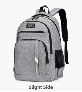 Detail view of grey heather business laptop backpack featuring green ANSK logo and side mesh pocket