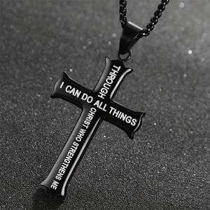 Black stainless steel cross necklace with I Can Do All Things engraved scripture message