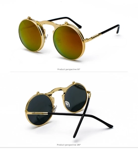 Steampunk round flip-up sunglasses with gold metal frame and gradient lenses detail