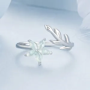 S925 sterling silver open ring with light blue flower petals and adjustable band