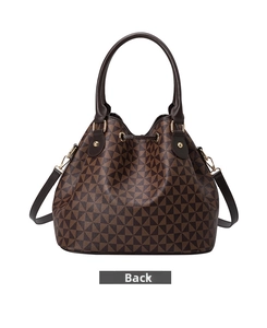 Detailed back view of a retro brown bucket bag featuring geometric triangular patterns