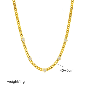 Gold plated Cuban link necklace with five sparkling pave heart pendants, 40+5cm length