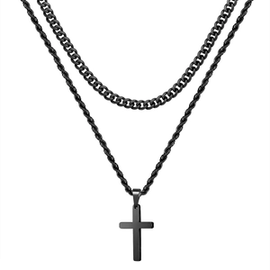 Double-layered black metal curb and rope chain necklace with simple cross pendant for men