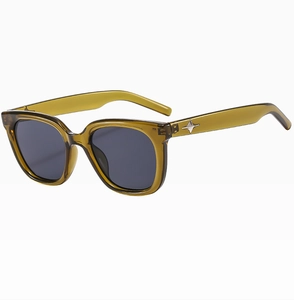 Detail of olive green square sunglasses with silver star decoration on temple