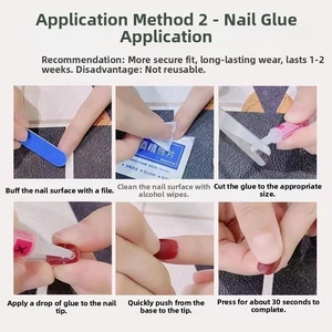 Detailed six-step guide for applying press-on nails with glue and cleaning tools
