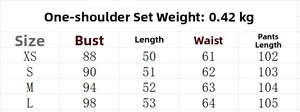 Size chart for one shoulder top and pants set showing bust and waist measurements