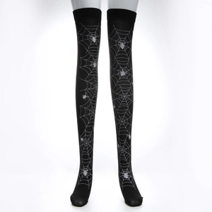 Detail of black over-the-knee socks featuring silver spider and web patterns for Halloween