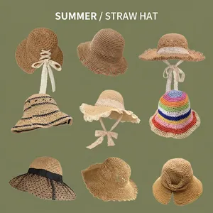 Women summer straw hats collection with lace bows and hollow crochet for sun protection