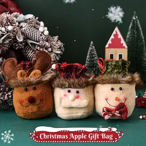 Christmas Gift Bags Plush Burlap Knitted Drawstring Pouch Santa Snowman Reindeer Candy Apple Festive Party Favor