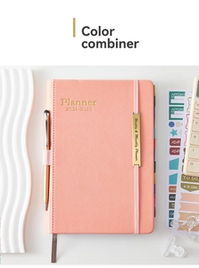 Flat lay of coral pink 18-month 2024-2025 planner with golden pen and stickers