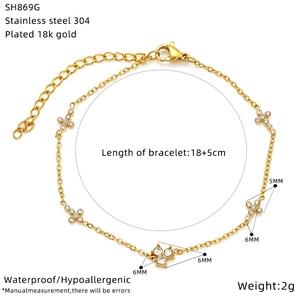 Detailed view of 18K gold plated clover bracelet with dimensions and cubic zirconia
