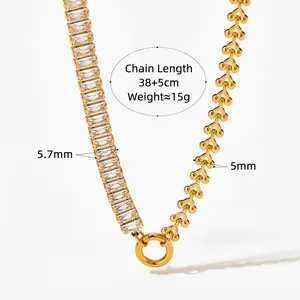 Square zircon stainless steel necklace featuring mixed link chain and 38+5cm length