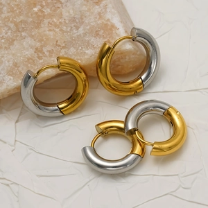 Minimalist two-tone 18k gold plated stainless steel hoop earrings with glossy finish