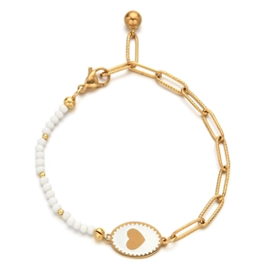Detail of gold oval link chain and white crystal beads with a heart emblem bracelet