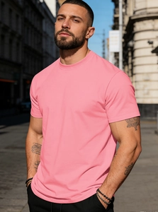 Close-up of pink men's cotton T-shirt featuring a classic crew neck and premium fabric