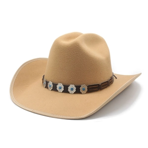 Western Cowboy Hat Woolen Felt Ethnic Faux Turquoise Band Wide Brim Retro Sun Protection Unisex Fedora