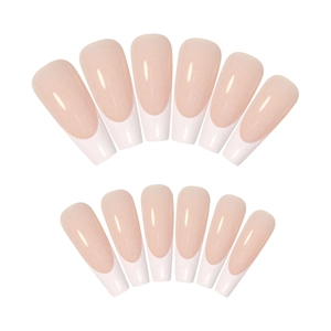 French tip long coffin press-on nails in nude and white gloss finish, set of 12 pieces