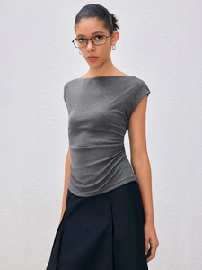 Slim fit dark grey knit short sleeve T-shirt for women with a deep round neck design