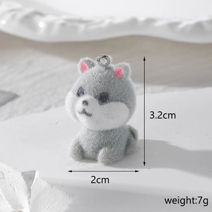 Detail showing dimensions of mini flocked husky charm with height 3.2cm and weight 7g