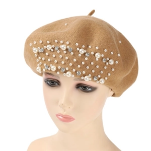 Elegant khaki wool beret for women featuring white pearls and rhinestone decorations