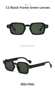 Close-up of retro black rectangle sunglasses with green lenses and silver rivet studs