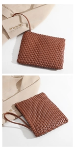 Detail of dark brown woven leather clutch with wrist strap and premium hand-woven texture
