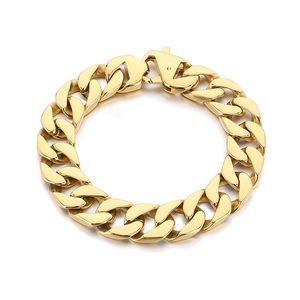 Polished 15mm golden Cuban link chain bracelet with durable lobster clasp on white background
