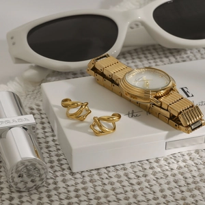Three-layer hollow 18k gold plated stainless steel earrings and fashion gold watch set