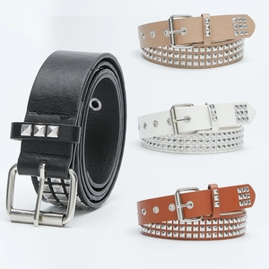 Punk rocker studded leather belt with triple silver pyramid metal rivets for women